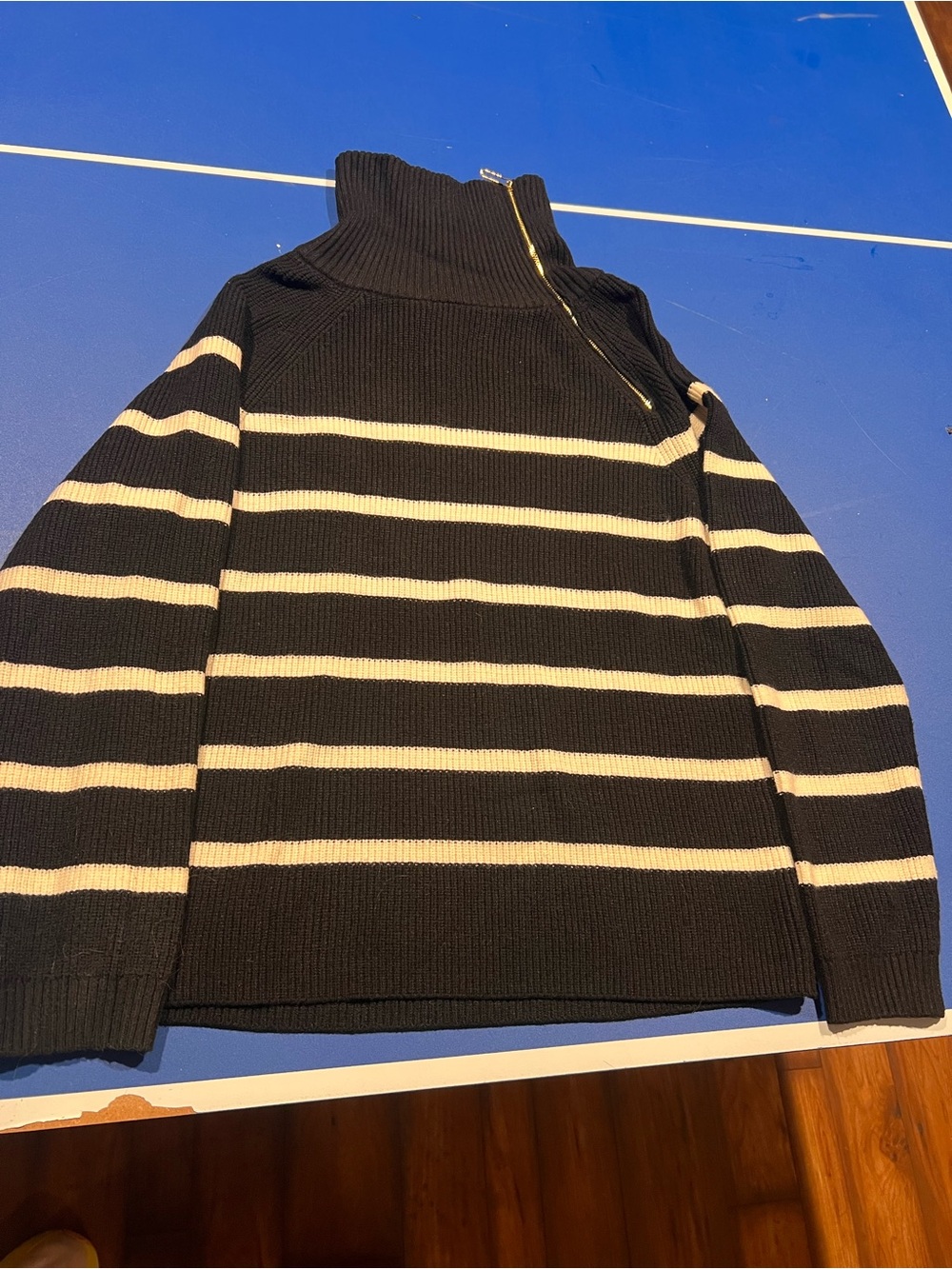 Marc New York Black & Cream Striped Zip Cowl Sweater Asymmetrical Gold Zipper
